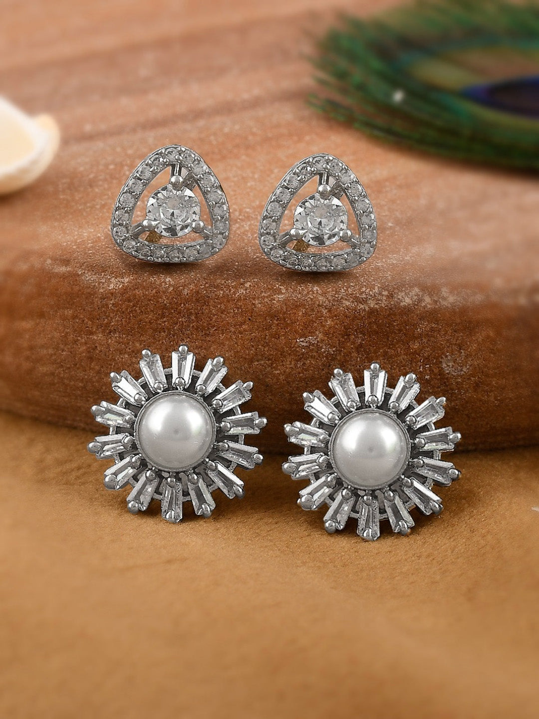 Shoshaa Set of 2 Silver-Toned Ad Stones Contemporary Studs Earrings - Grab2buy