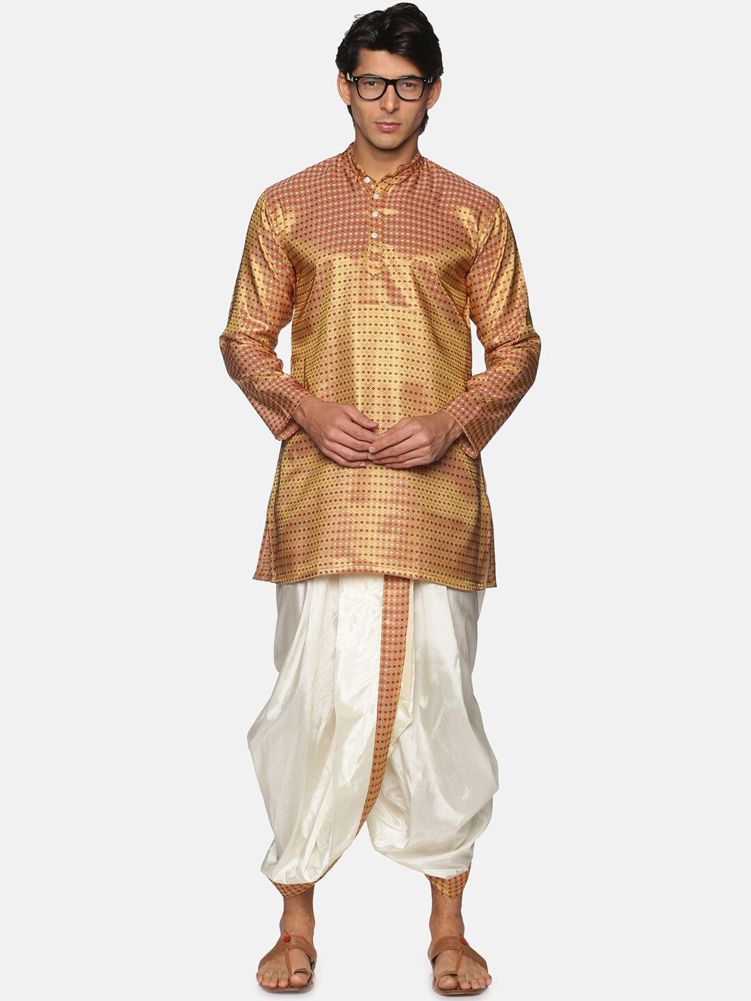 Sethukrishna Men Gold-Toned Striped Kurta with Dhoti Pants