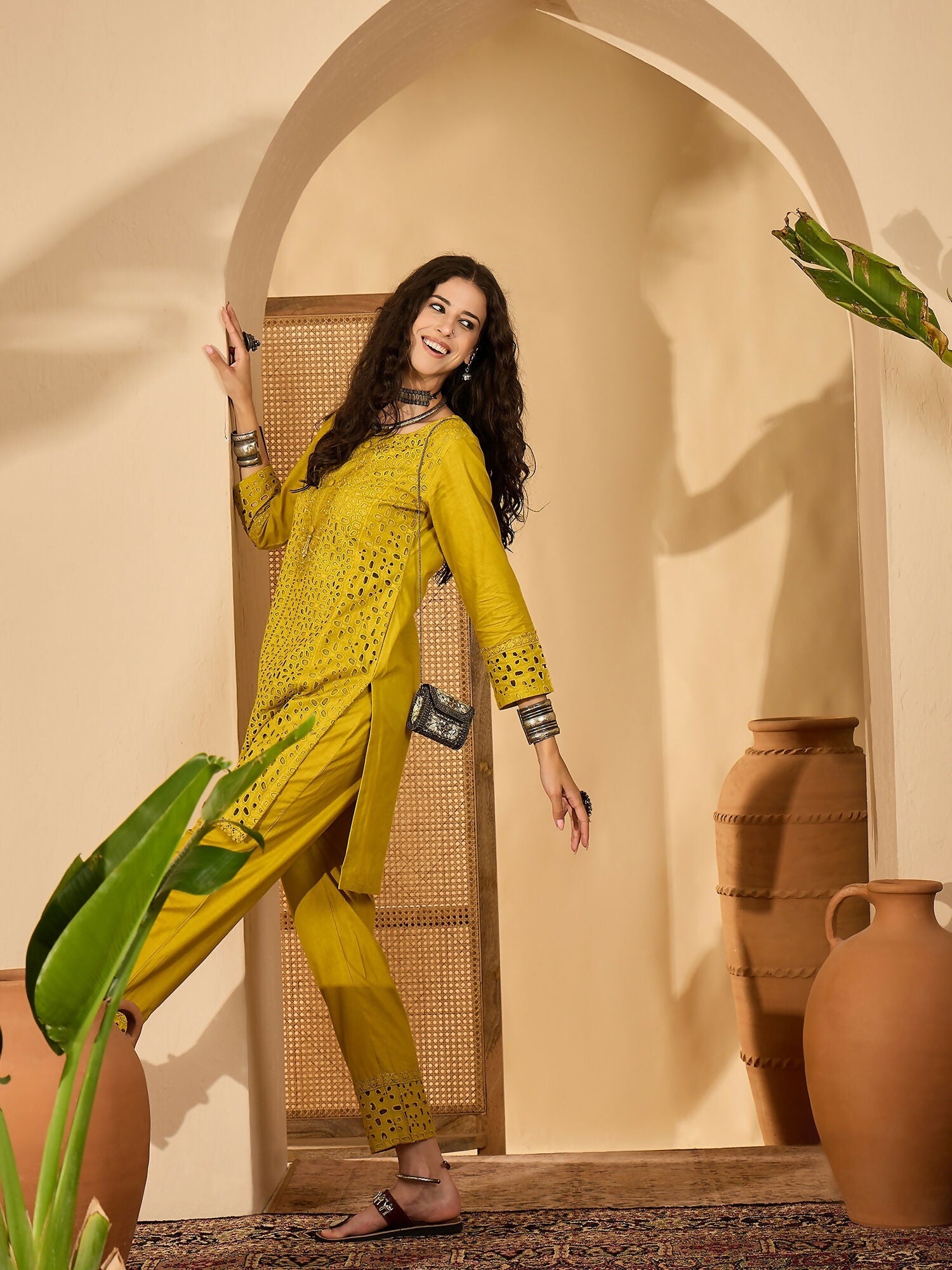 Joban Fashion Embroidery Mustard Pure Cotton Cord Set