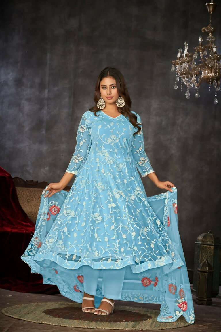 Jyoti Fashion Women's Sky Blue Net Embroidered Anarkali Kurta Pant Set With Dupatta
