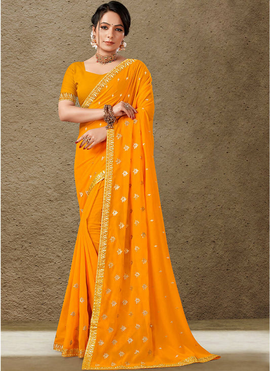 Mustard Georgette Embroidered Saree with Unstitched Blouse Piece - Avika