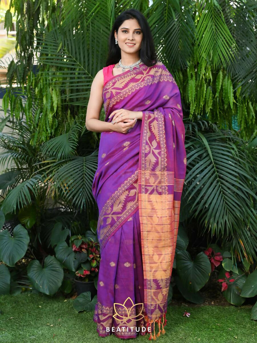 Exclusive Collection Beautiful Violet Pure Cotton Woven Handloom Grab2Buy With Running Blouse Piece 