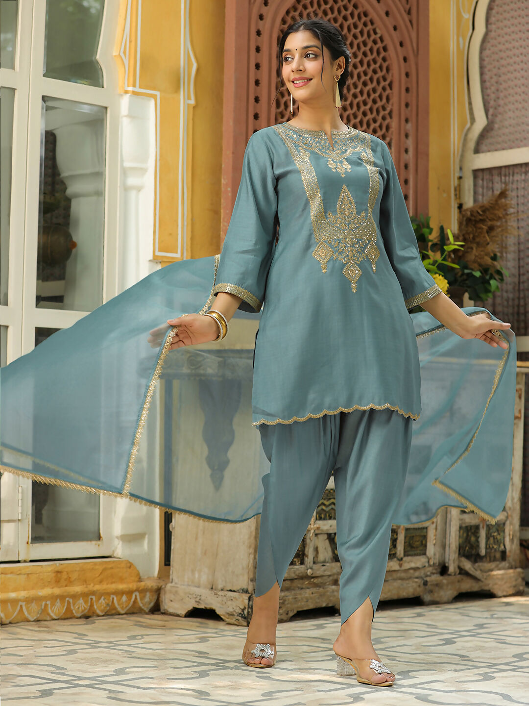 Janasya Light Blue Silk Blend Solid Kurta,Bottom & Dupatta 