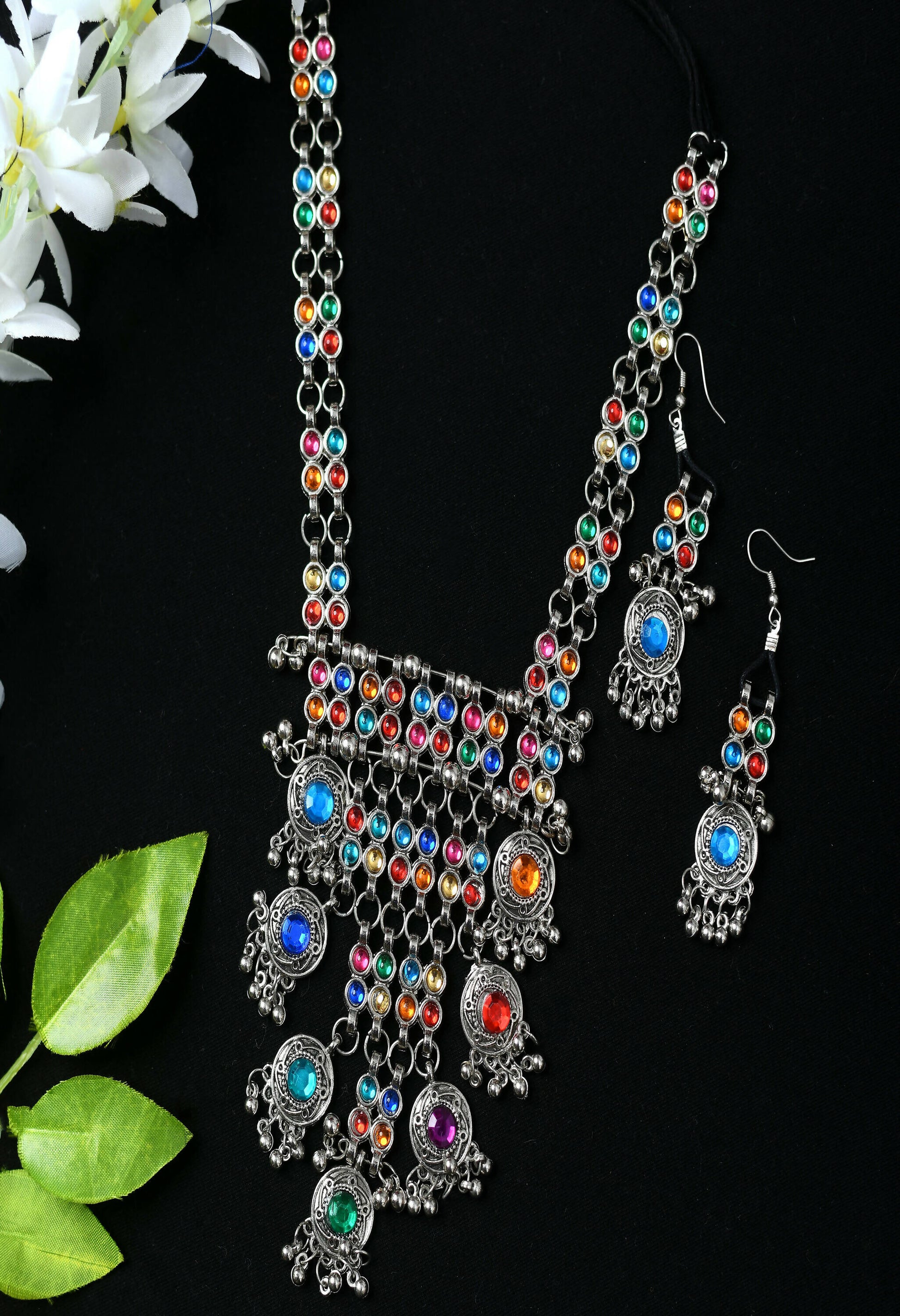 Mominos Fashion Johar Kamal Oxidised Silver-Plated Brass Finish Multi Kundan Afghani Long Necklace For Women - Grab2buy