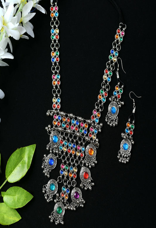Mominos Fashion Johar Kamal Oxidised Silver-Plated Brass Finish Multi Kundan Afghani Long Necklace For Women - Grab2buy