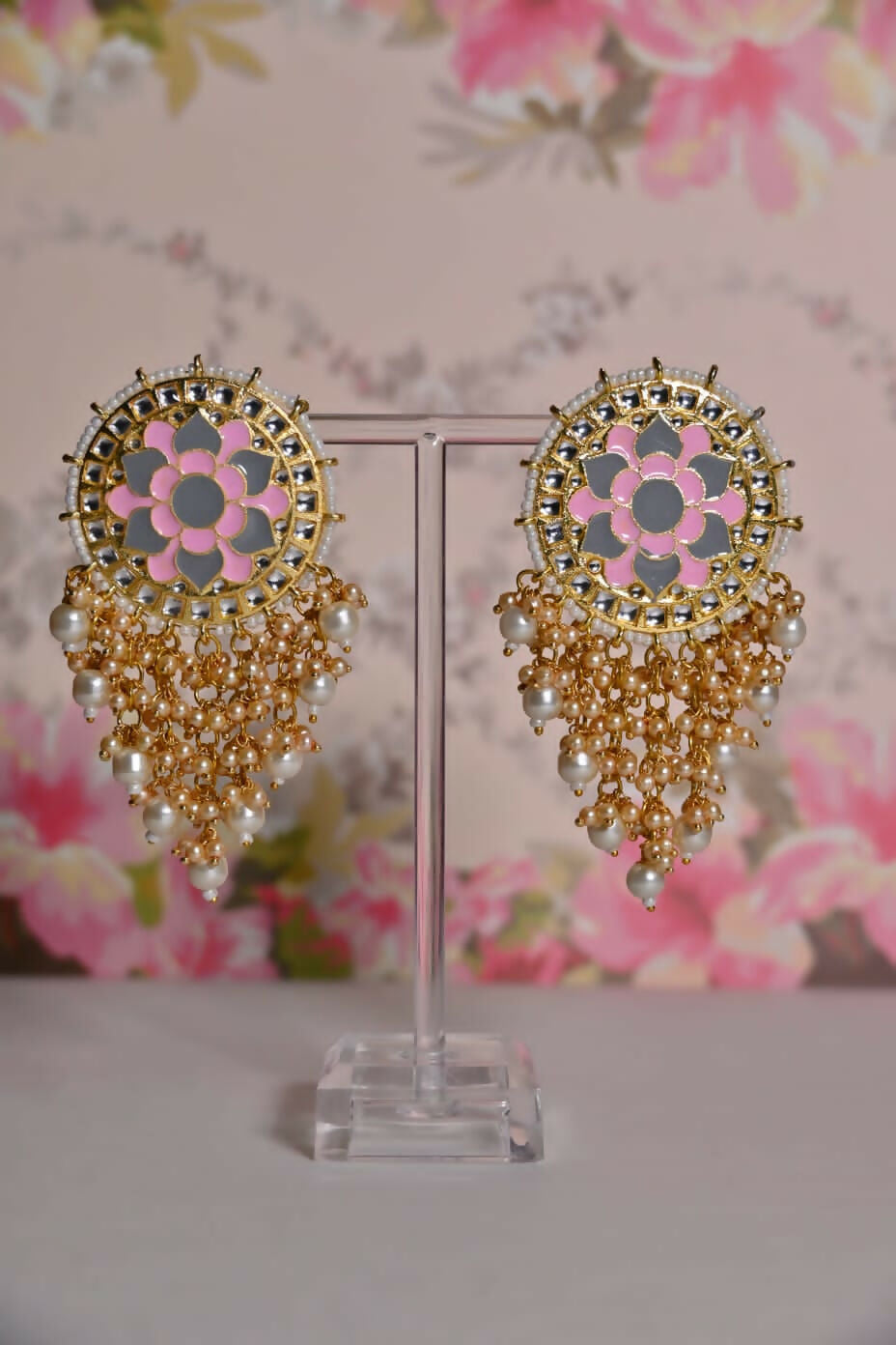Pink & Grey Mandala Flower Hand Painted Bridal Earrings By House of Ree House of Ree