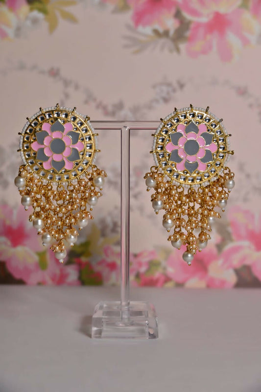 Pink & Grey Mandala Flower Hand Painted Bridal Earrings By House of Ree House of Ree