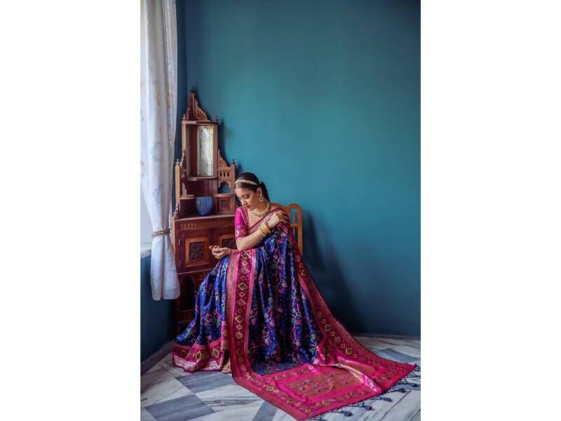 Aastha Fashion Women's Navy Blue Paithani Silk Meenakari Zari Woven Saree with Blouse - Grab2buy
