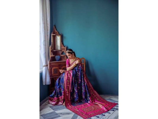 Aastha Fashion Women's Navy Blue Paithani Silk Meenakari Zari Woven Saree with Blouse - Grab2buy