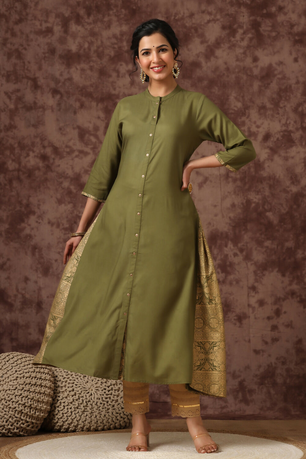 Juniper Olive Ethnic Motif Printed Rayon A-Line Women Kurta