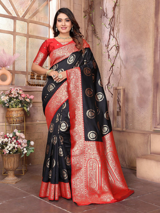 Joban Fashion Black Banarasi Soft Silk Woven Saree | Swadesiicart