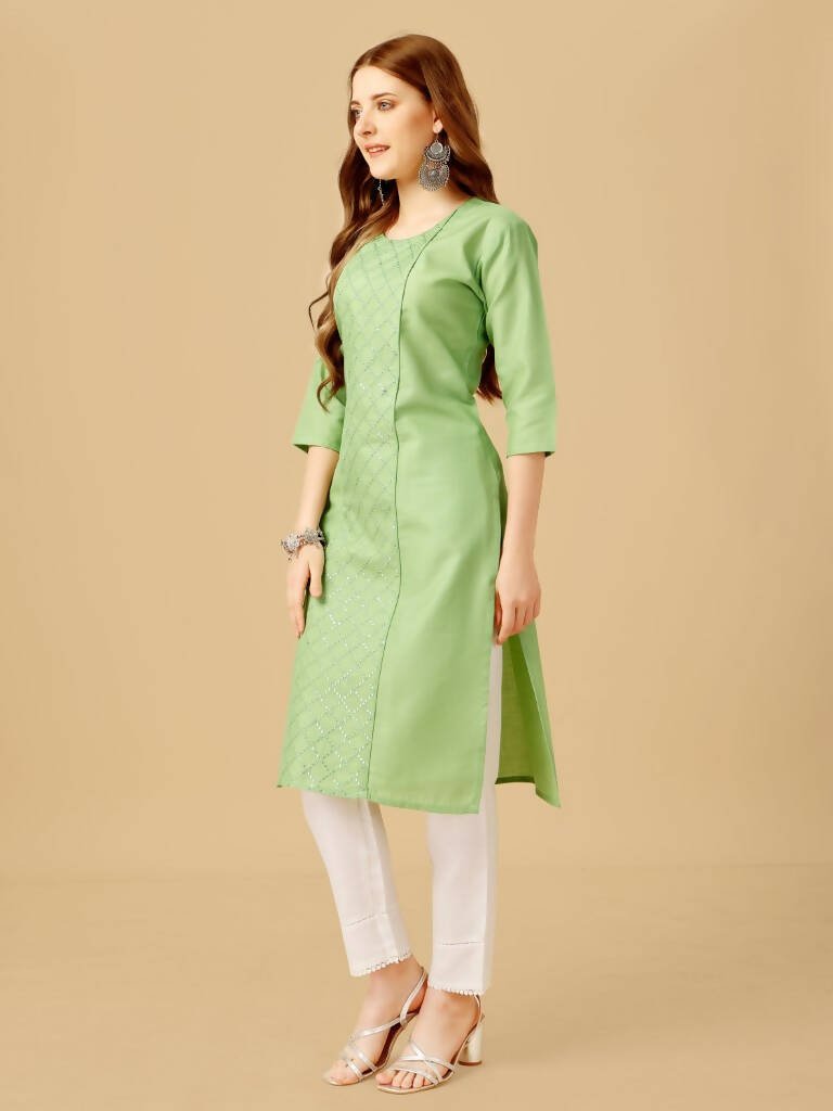 Aastha Fashion Women's Lime Green Cotton Blend Embroidered Kurta Pant Set - Grab2buy