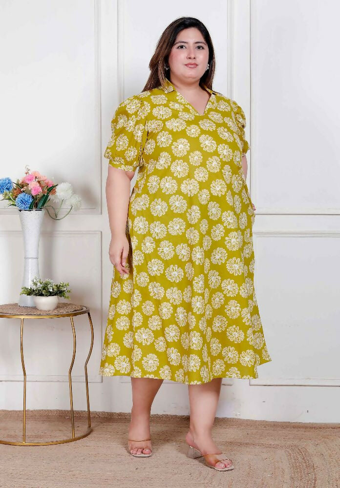 Miravan Plus Size Women'S Yellow Printed Puff Sleeve Floral Maxi Party Dress
