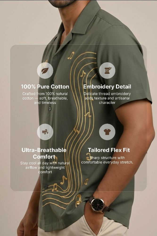 Echo — Green Music Embroidered Cotton Shirt by Hilo Design