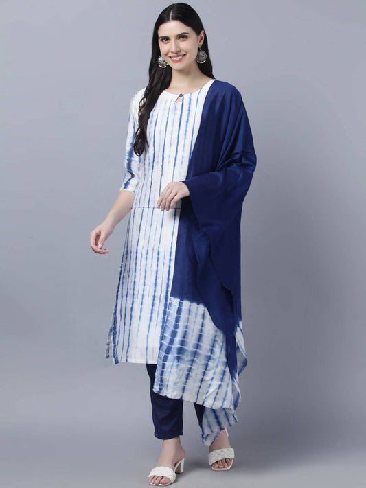 Myshka Women White Blue Tie Dyed Kurta Trousers With Dupatta Set