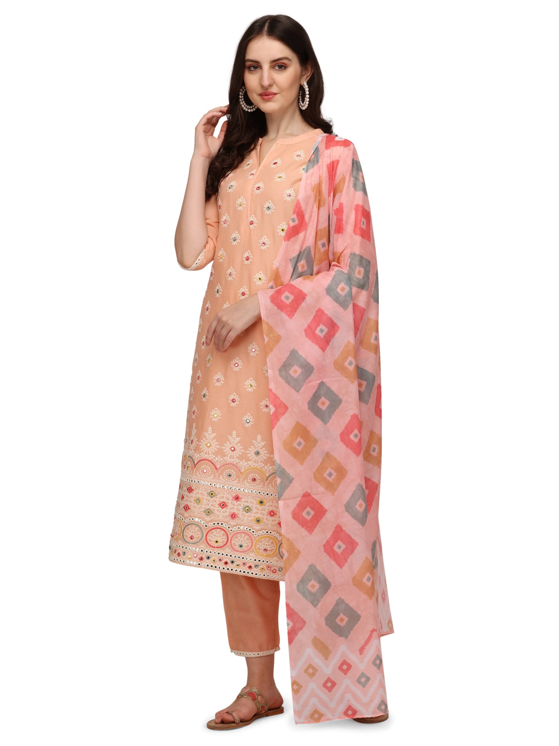 Lucknawi Embroidered Kurta With Pant & Dupatta, Multicolor - Hiral Fashion