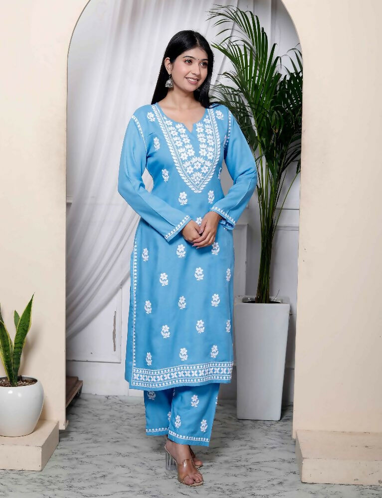 Miravan Womens Blue Embroidered Kurta With Palazzo