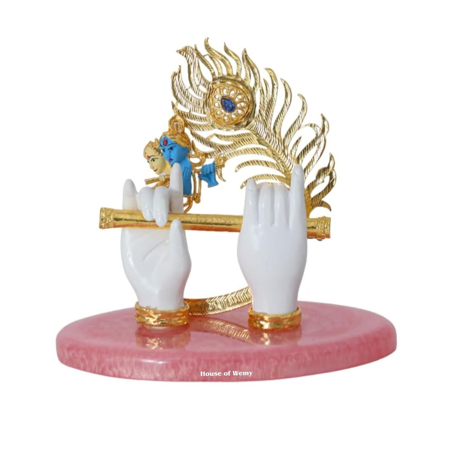 House Of Wemy Gold-Polished Lord Krishna Hands Idol with Flute, Face and Pecock Feather 