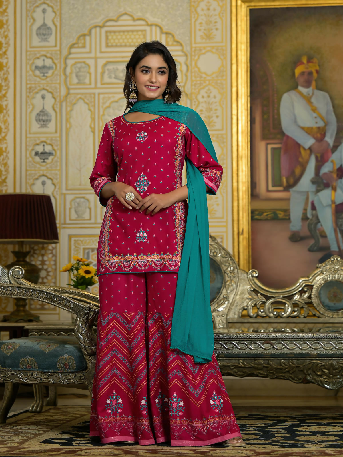 Juniper Women's Fuchsia Ethnic Motif Printed Liva Rayon Tunic Sharara and Dupatta Set With Sequins & Gota Patti Work