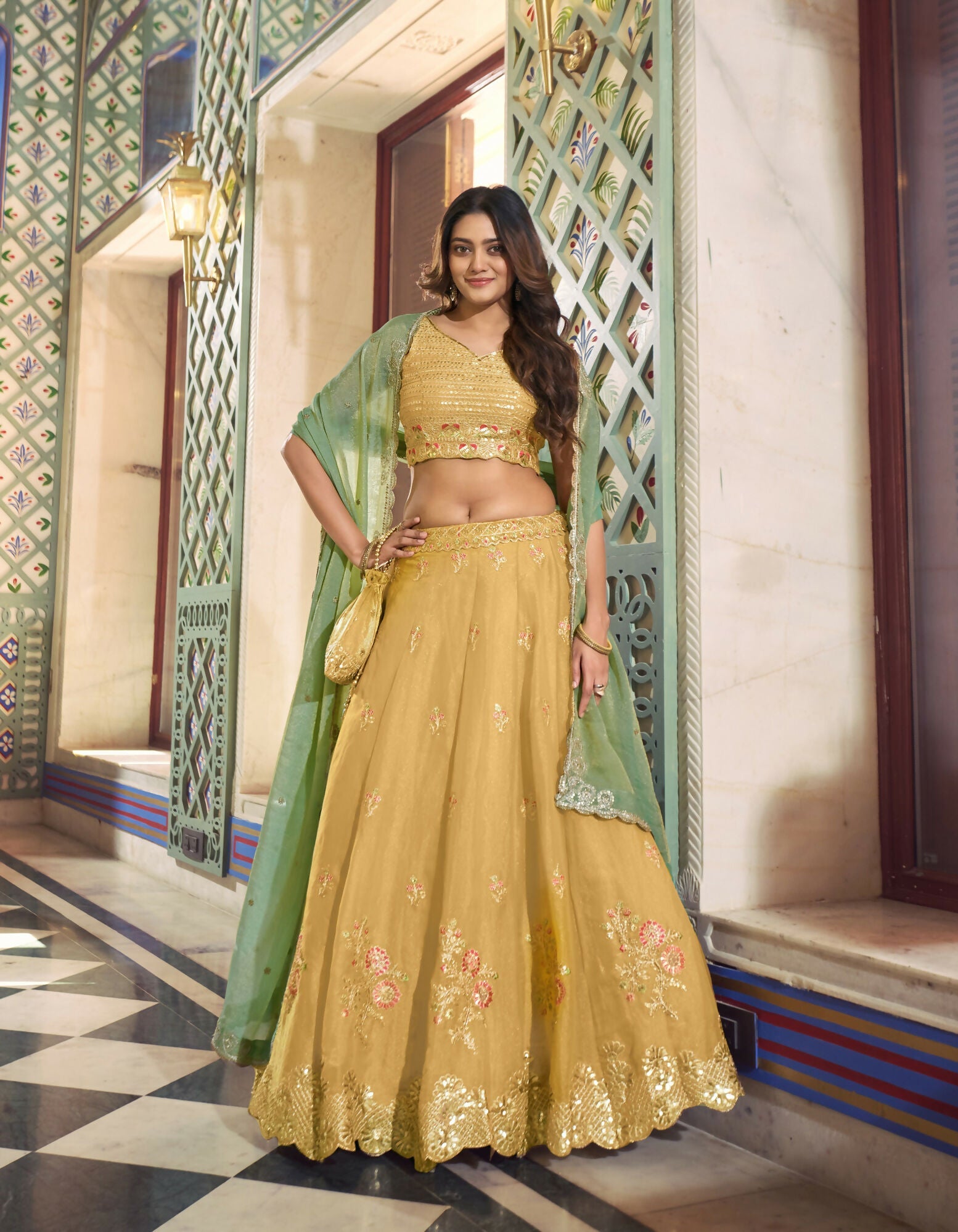 Lorenvalley Fashion Yellow NC Moss Silk Sequins and Thread Embroidery Work Lehenga Choli with Dupatta