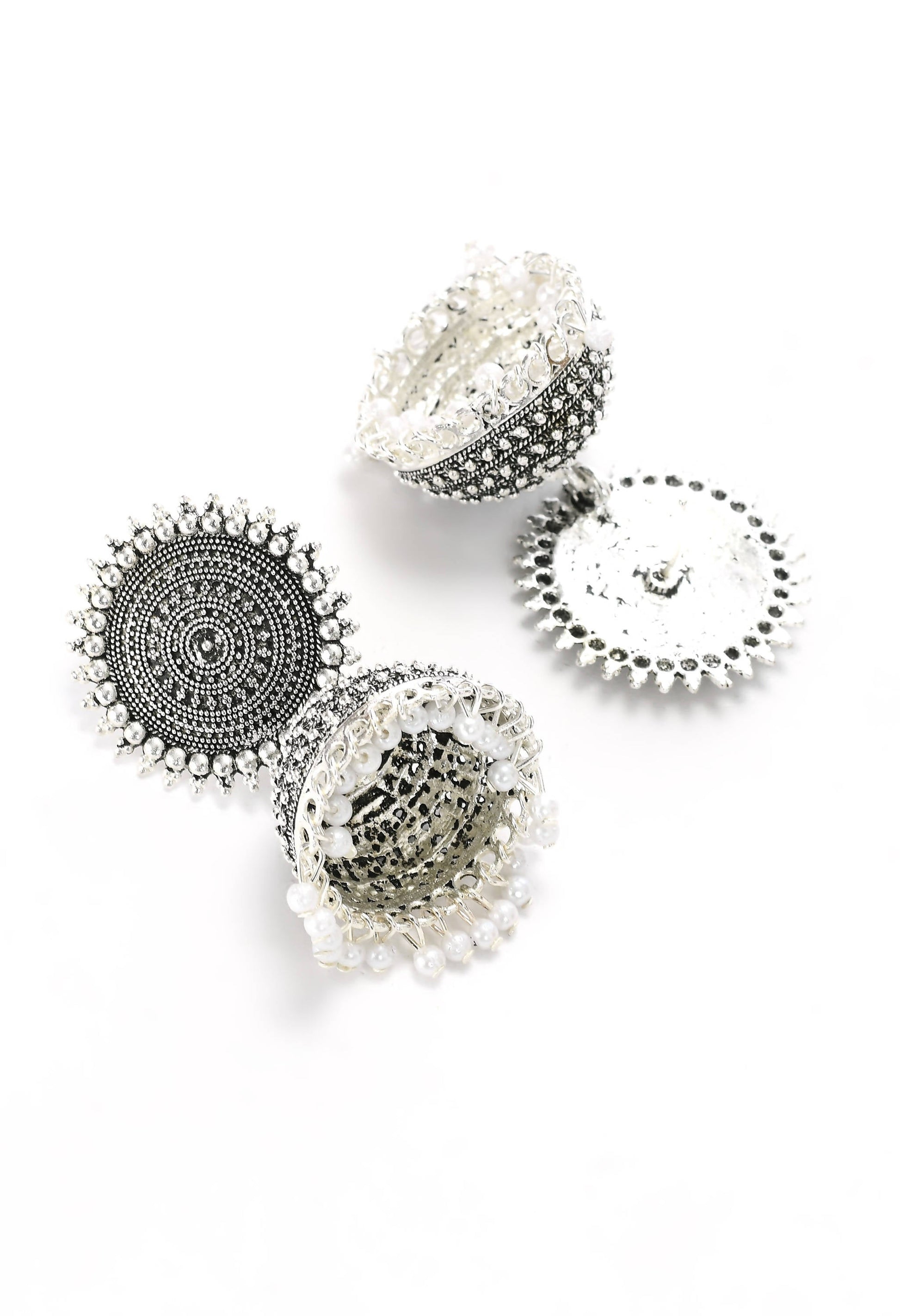 Mominos Fashion Johar Kamal Silver Color Jhumkas With White Pearls Earrings - Grab2buy