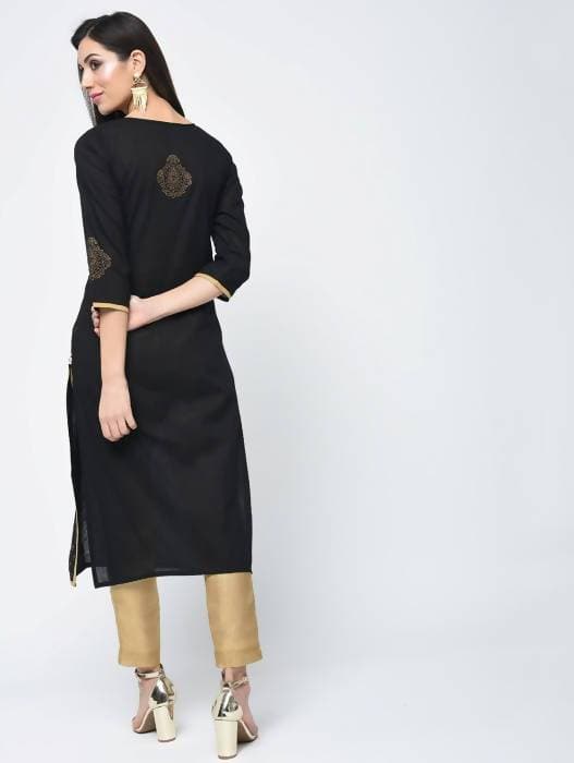 Aniyah Cotton Block Printed Black Color Straight Kurta (AN-123K)