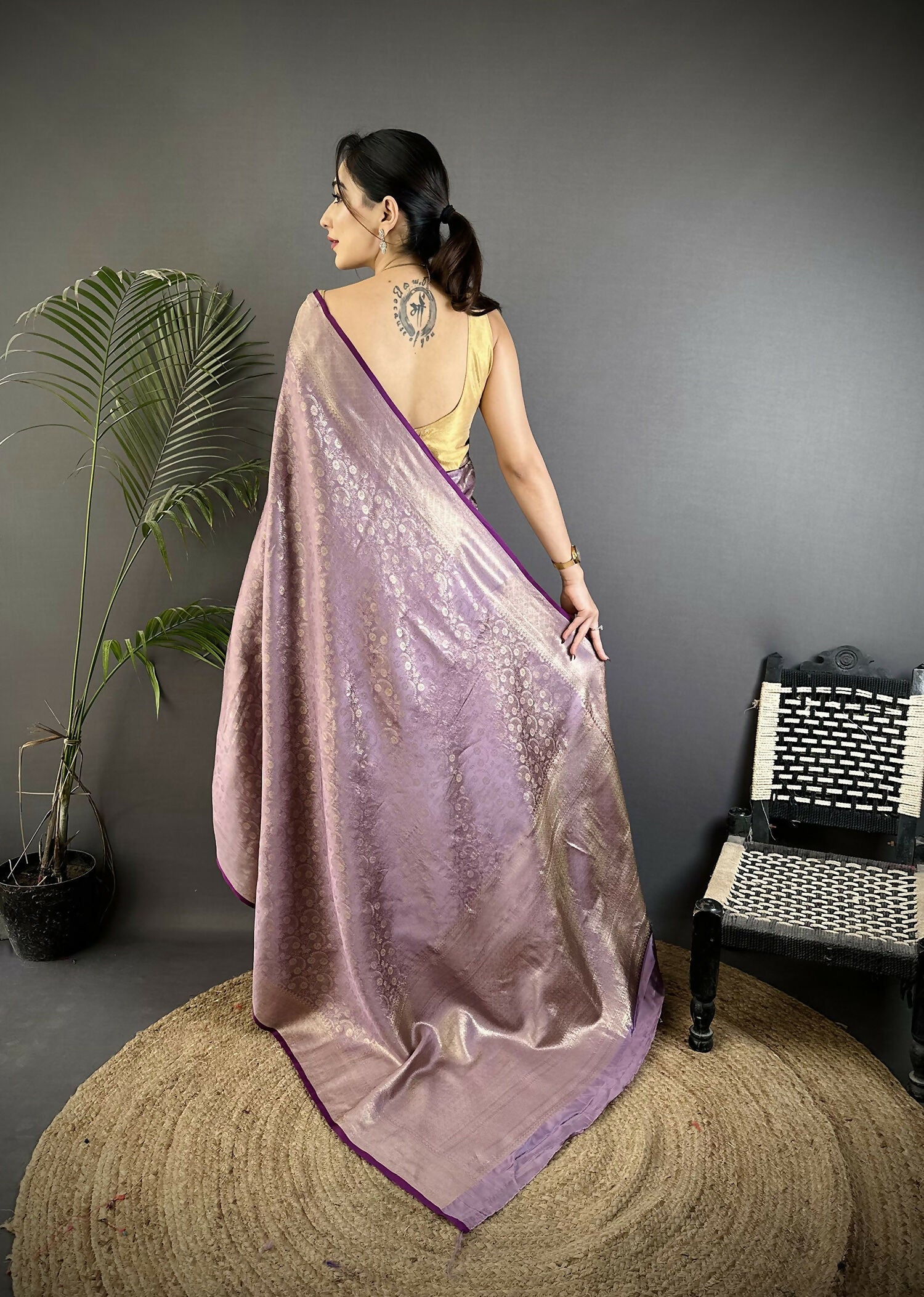 Joban Fashion Lavender Floral & Paisley Motifs Soft Satin Silk Banarasi Saree
