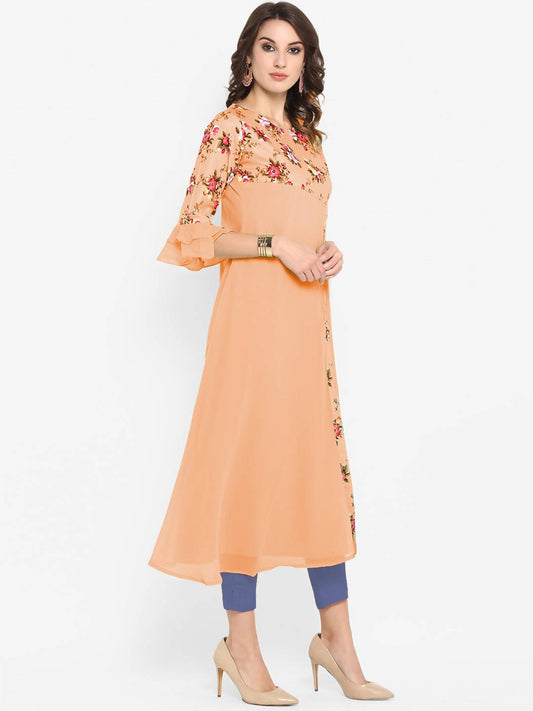 Janasya Women Peach-Coloured & Green Floral Printed Bell Sleeves Kurta