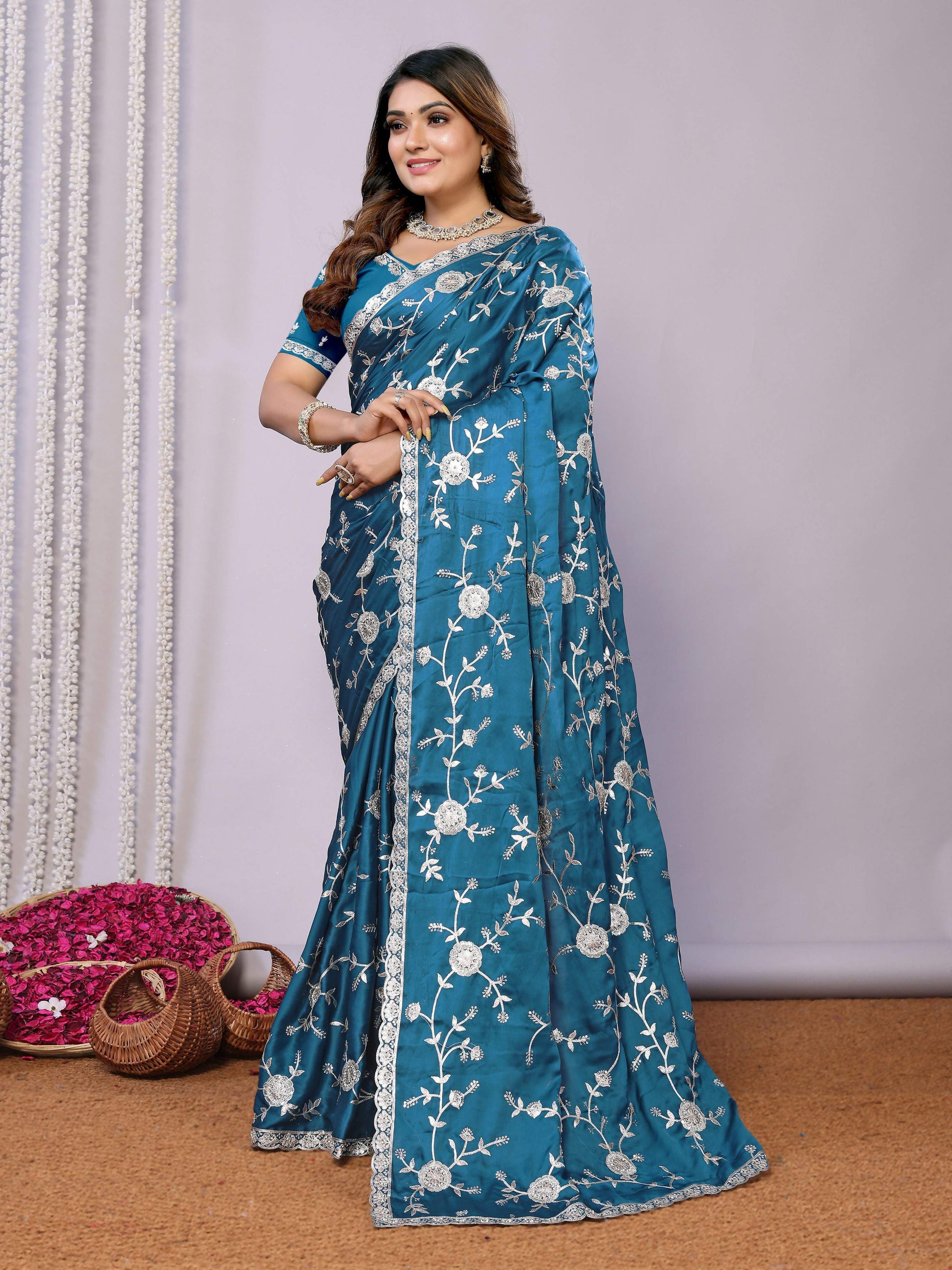 Blue Pure Satin Embroidered Saree With Stitched Blouse - Nimaya Kaksha