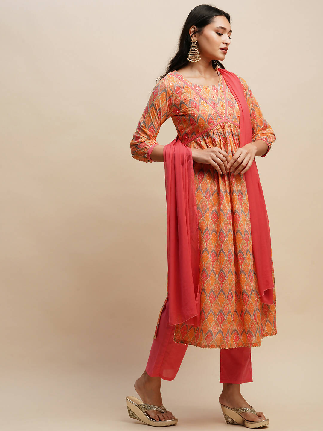 Orange Pure Cotton Bandhani Printed Naira Cut Kurta And Bottom With Dupatta - Akashara
