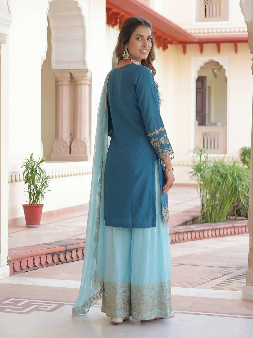 Teeya Creation Sky Chinon Silk Designer Wedding Wear Embroidery Work Palazzo
