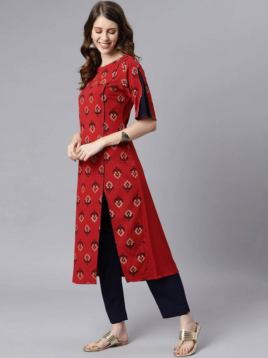Janasya Women Maroon & Navy Blue Ethnic Motifs Printed Kurta with Trousers