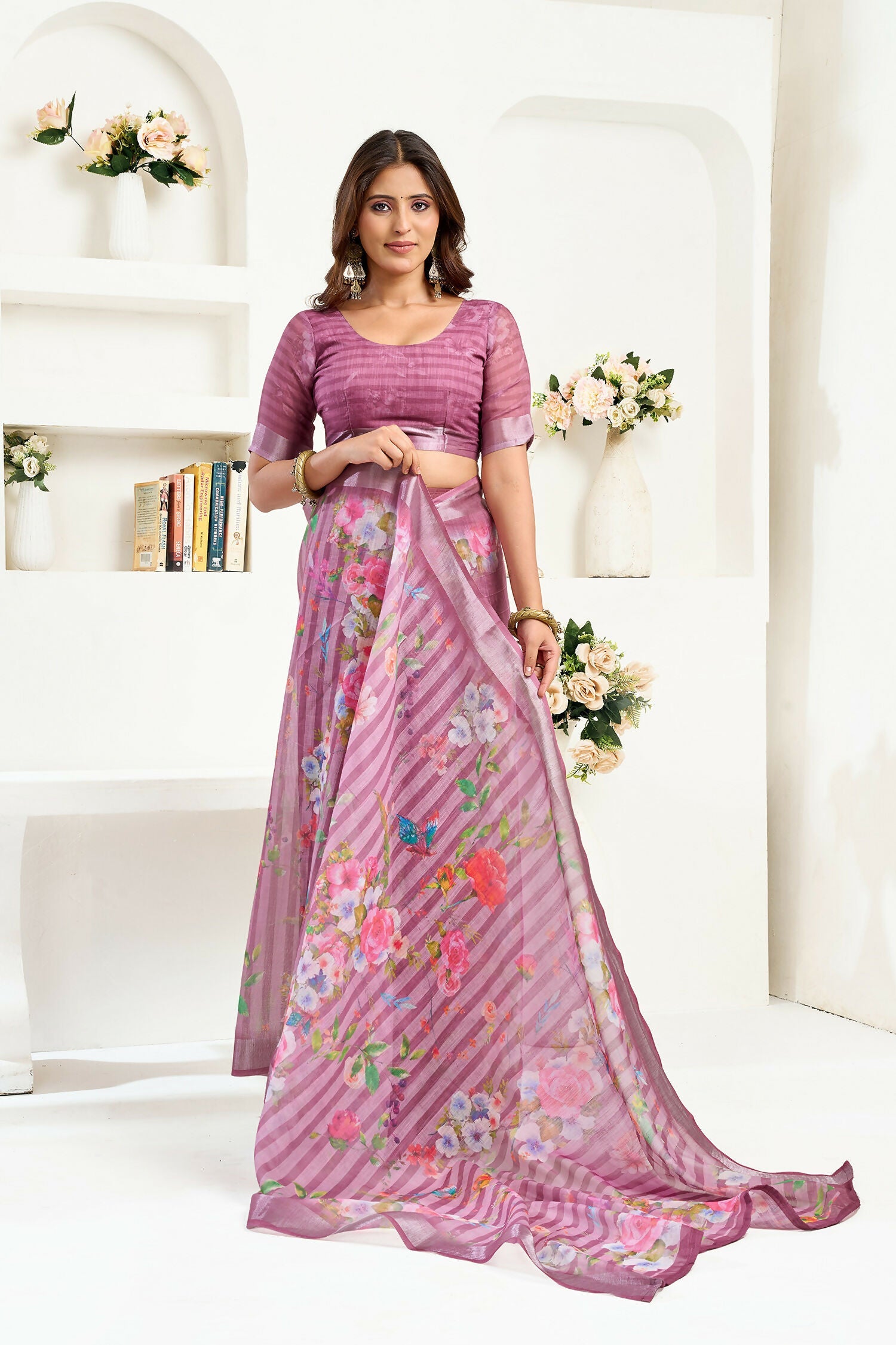 Joban Fashion Dusty Wine Floral & Striped Linen Ready To Wear Saree With Unstitched Blouse