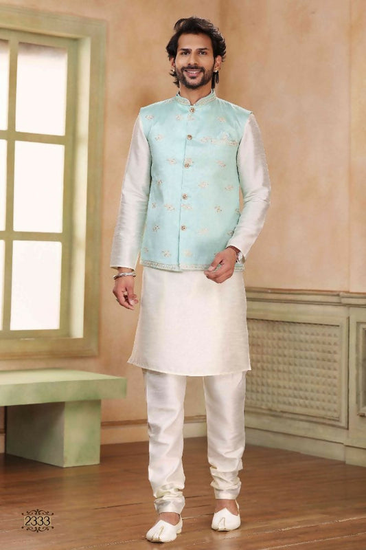Raivat Ethnic Jacquard Banarasi Silk Woven Work 3 Pics Jacket Set In Pista Green Colour