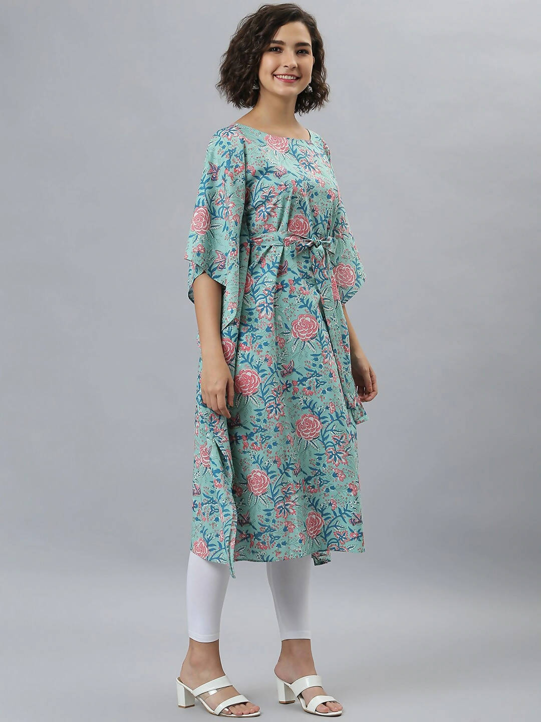 Janasya Women Sea Green Floral Printed Kaftan Kurta