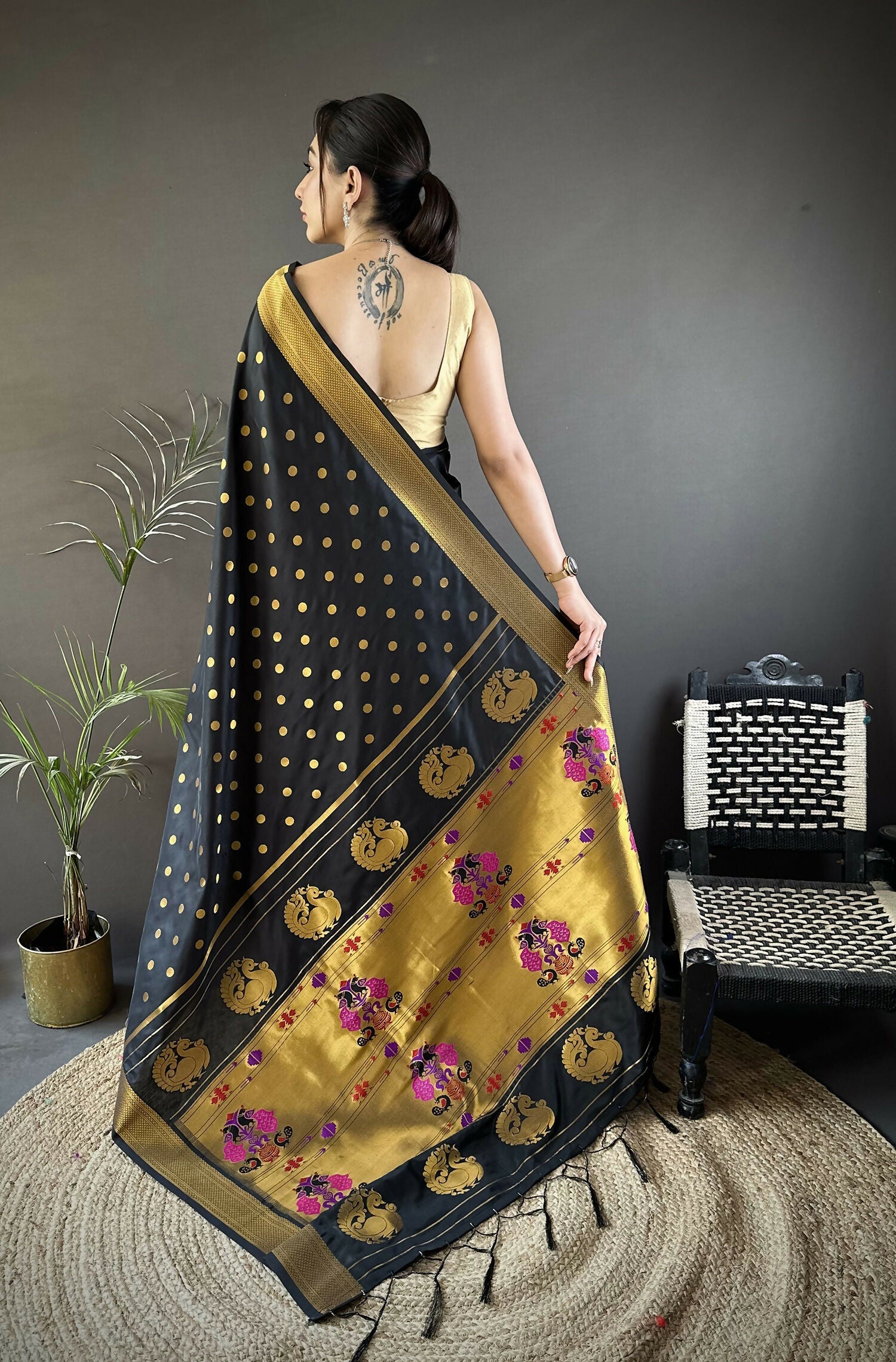 Joban Fashion Black Polka Dot Lichi Silk Paithani Silk Saree