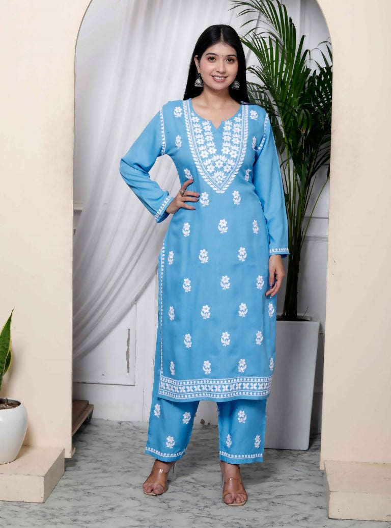 Miravan Women's Chikankari Embroidery Sky Blue Straight Kurta And Palazzo 