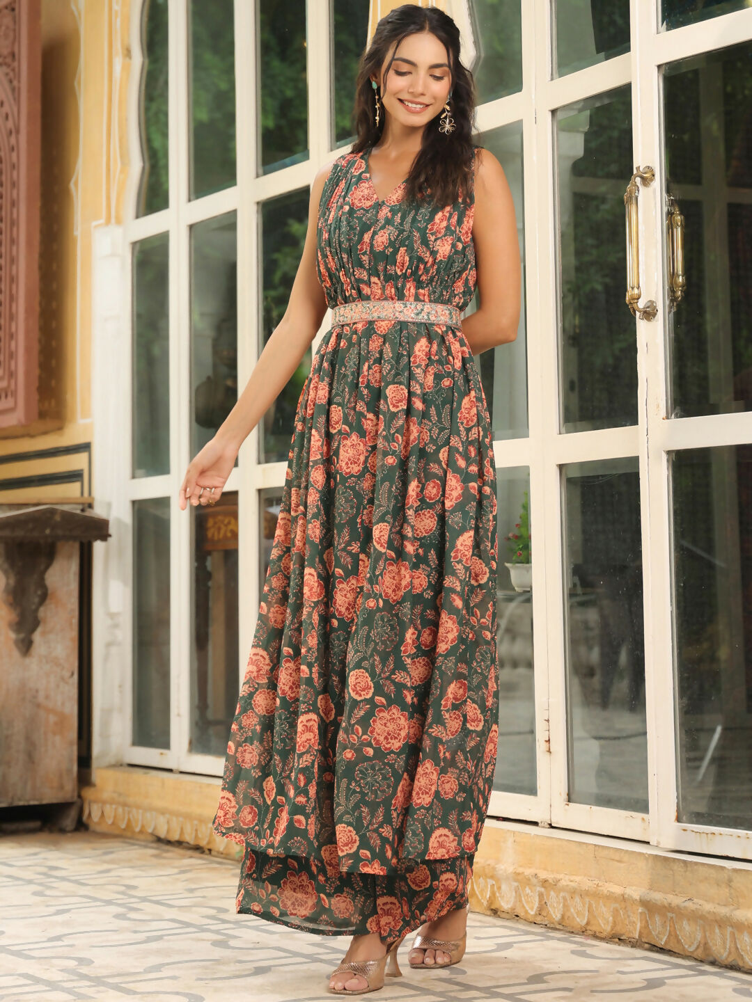 Janasya Green Georgette Floral Kurta & Bottom 