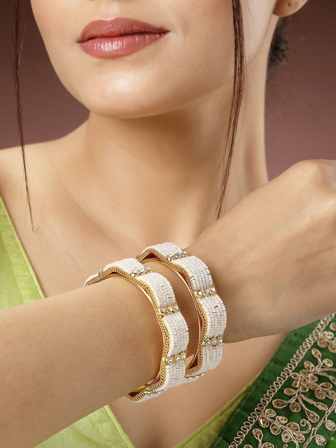 NVR Women's Set of 2 Gold-Polished Pearl Handcrafted Traditional Bangles 
