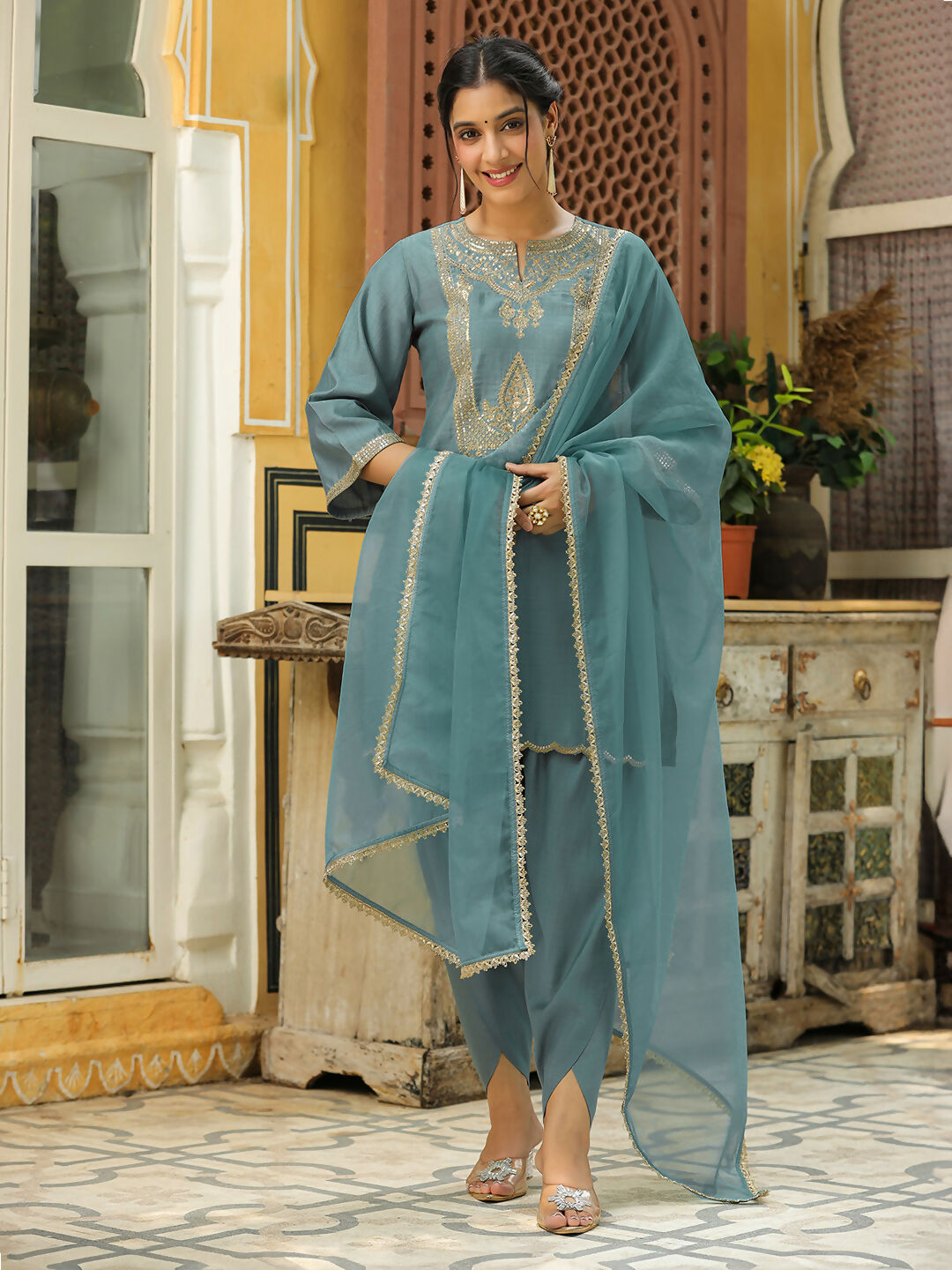 Janasya Light Blue Silk Blend Solid Kurta,Bottom & Dupatta 