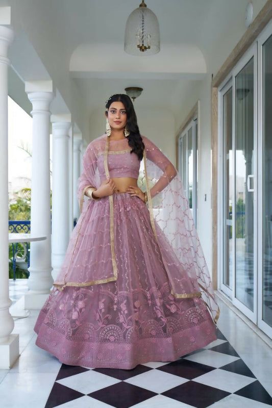 Aastha Fashion Dusty Pink Butterfly Net Tone To Tone Cotton Thread Work And Sequence Work Embroidery Wedding Wear Lehenga Choli