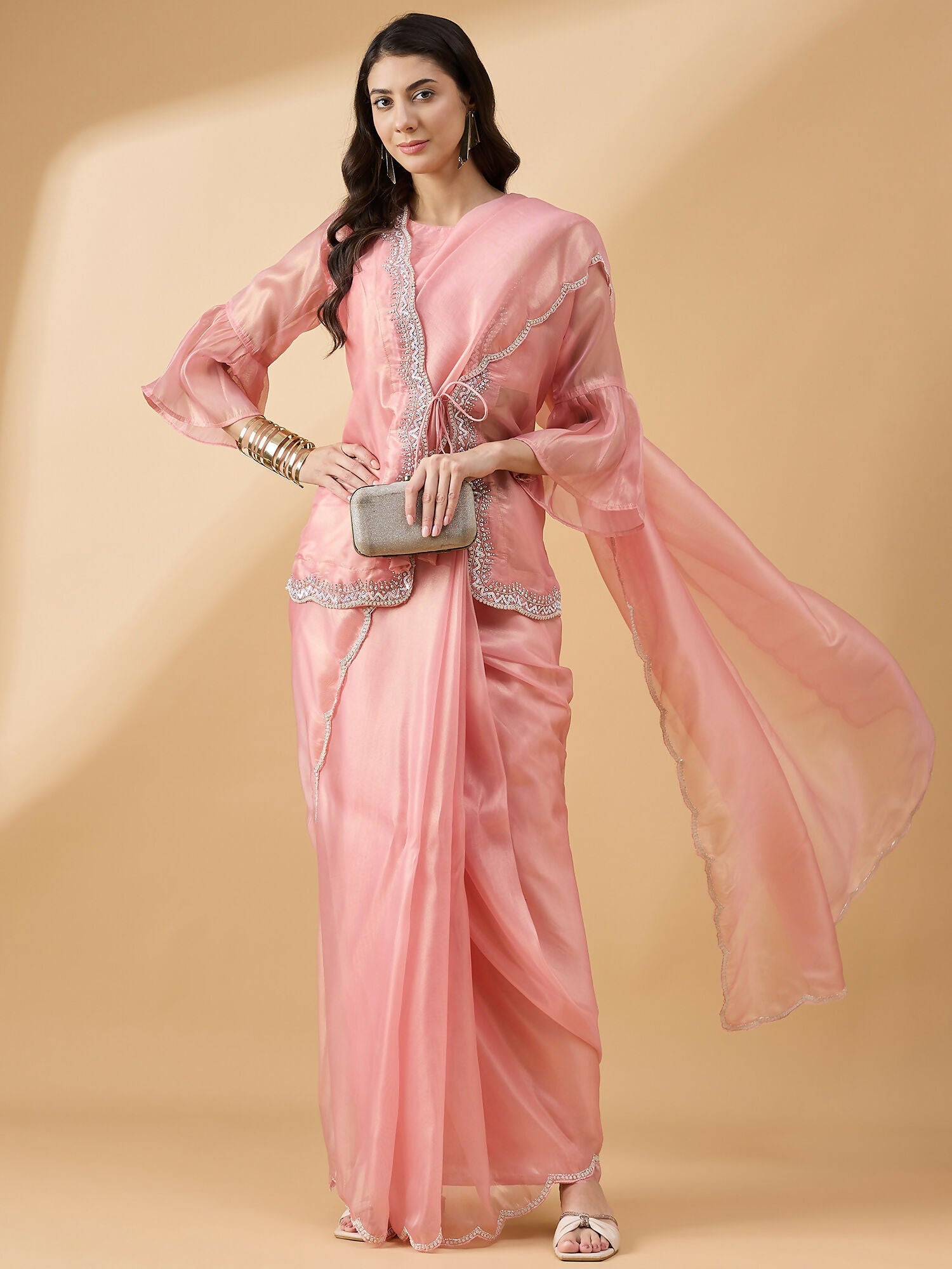 Peach Chiffon Solid Saree with Stitched Blouse & Stone Work Shrug - Dharavi