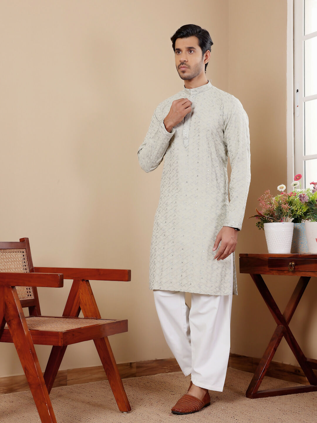 Pestel Green Linen Designer Embroidery Work Men's Rajwadi Kurta Set - Mahotsav