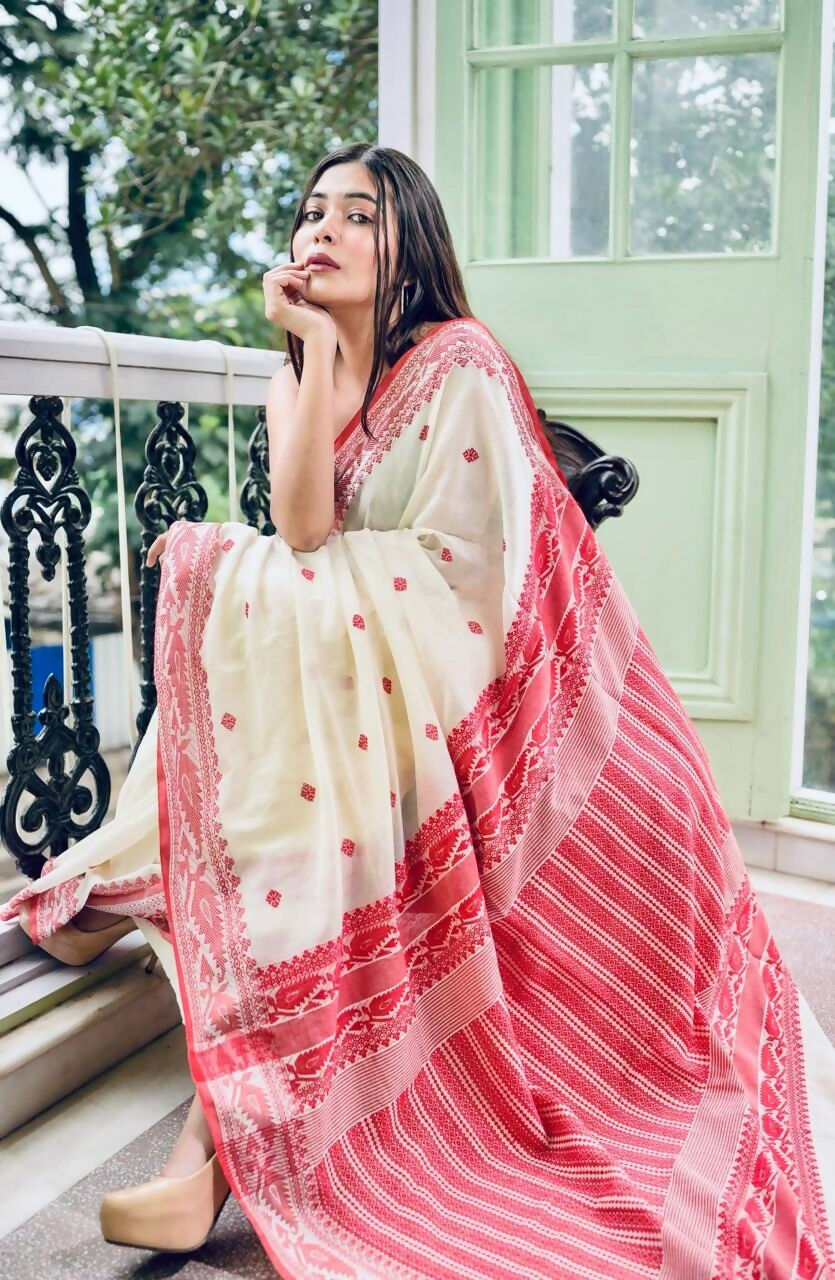 Exclusive Collection White Red Most Trending Beautiful Pure Cotton Handloom Grab2Buy 