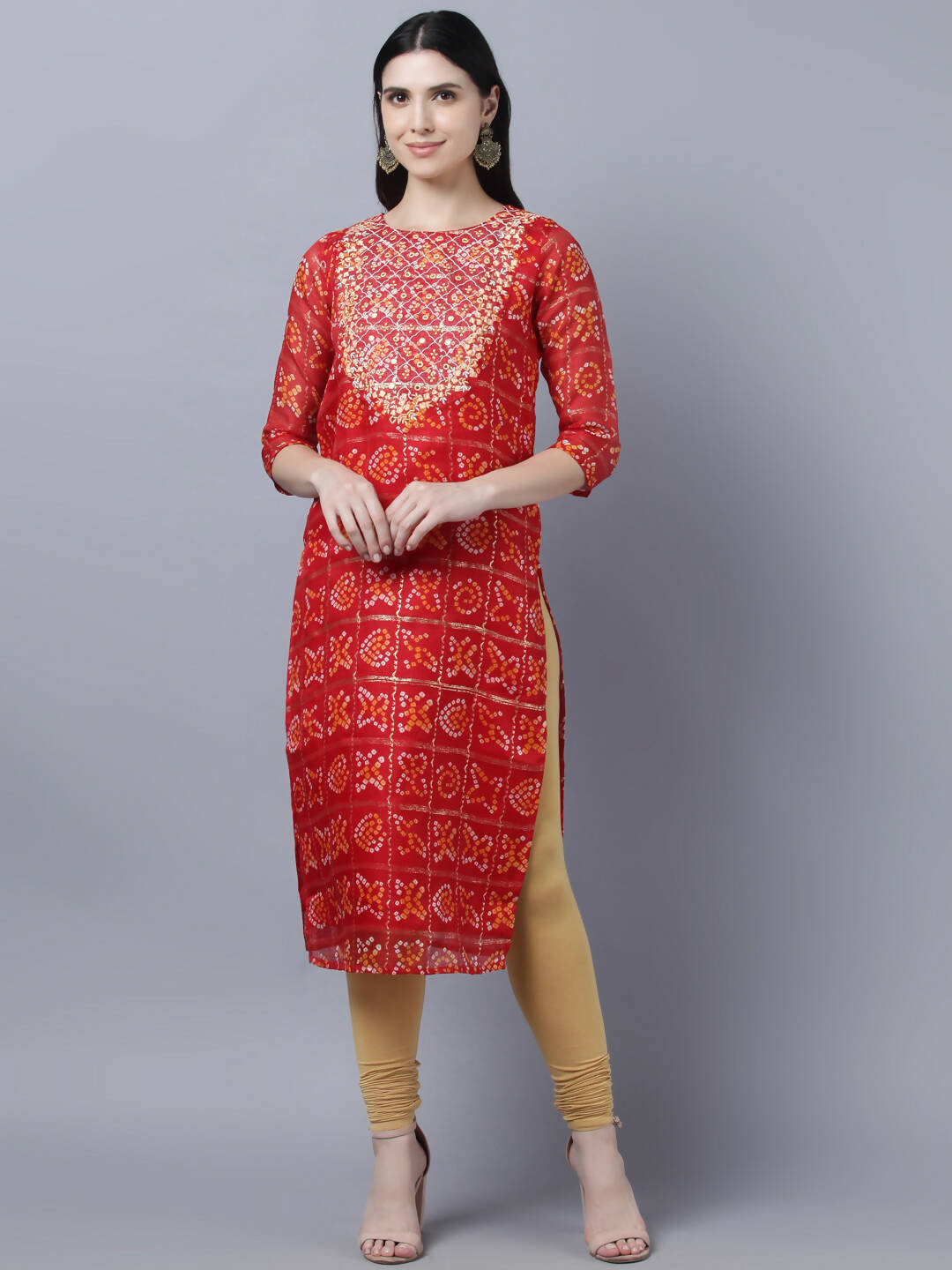 Myshka Women Red Yellow Bandhani Printed Mirror Work Kurta