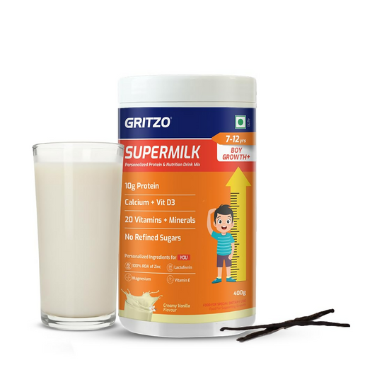 Gritzo SuperMilk Growth+ (Formerly Height+) (7-12y Boys), 10g Protein Powder-Creamy Vanilla