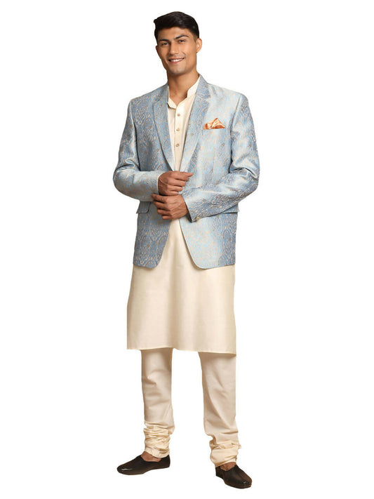 Vastramay Men's Grey And Cream Viscose Ethnic Combo Set - Grab2buy