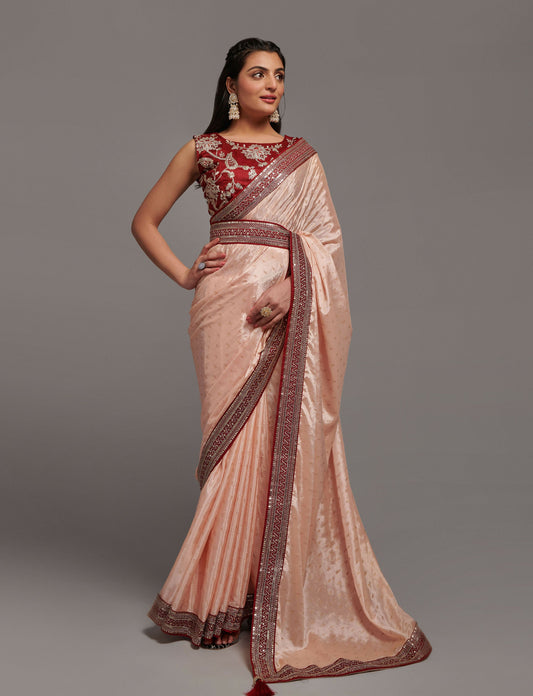 PR Fashion Peach Chinon Embroidery Lace Saree