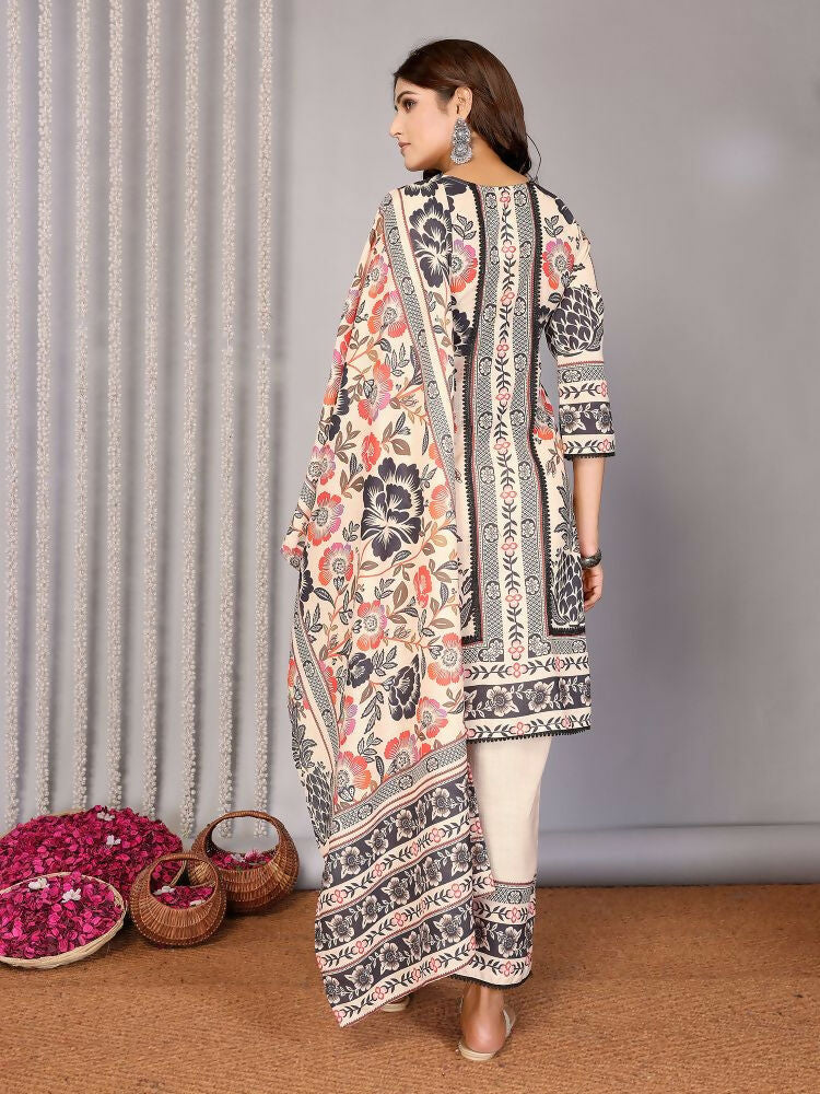 Joban Fashion Women Cream Linen Printed Stitched Kurta Set