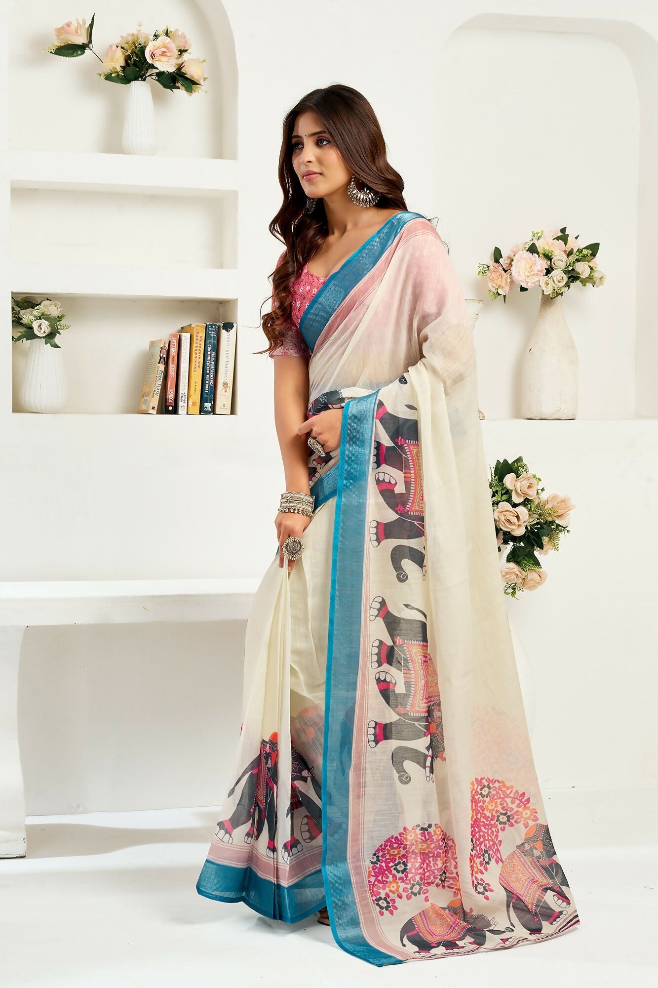 Vastranavya Cream Digital Printed Linen Ready To Wear Designer Grab2Buy with Unstitched Blouse  Grab2Buy Vastranavya Grab2Buy